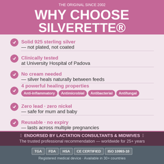 Silverette® Nursing Cups in silver, designed for breastfeeding comfort and protection, shown in a close-up image.