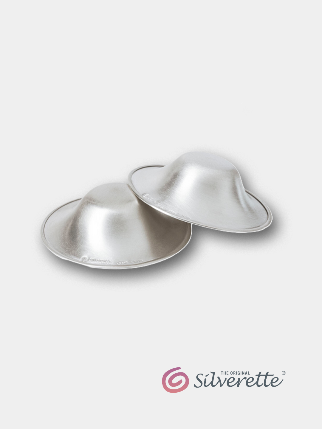 Silverette® Nursing Cups in silver, designed for breastfeeding comfort, shown with their logo in the image.