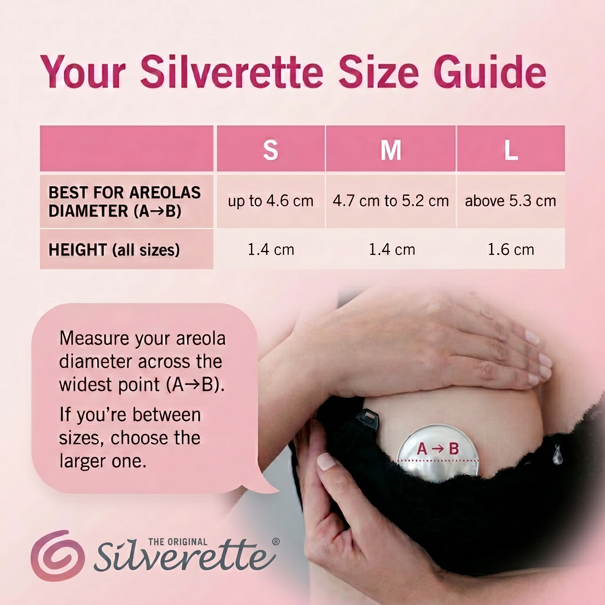 Silverette® Nursing Cups size chart showing different sizes and fit details for breastfeeding support and nipple protection.