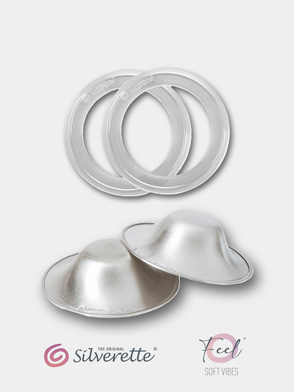 Silverette 925 sterling silver nursing cups with two O-Feel comfort rings, bundle set